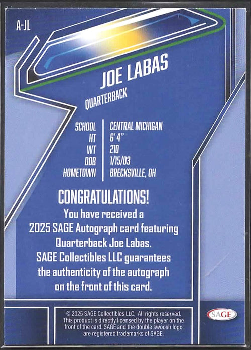 2026 SAGE #A-JL Joe Labas Autographs Black (Low Series)