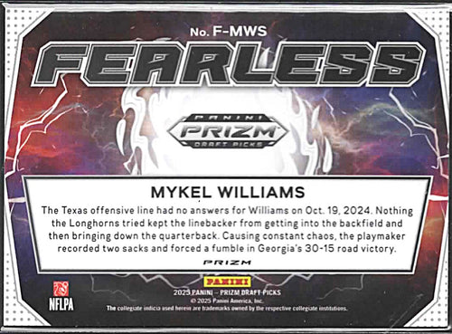 2025 Panini Prizm Draft Picks #F-MWS Mykel Williams Fearless Red Ice
