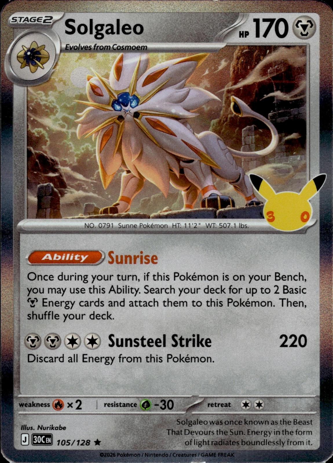 Solgaleo ME: 30th Celebration #105/128 Rare, Holo