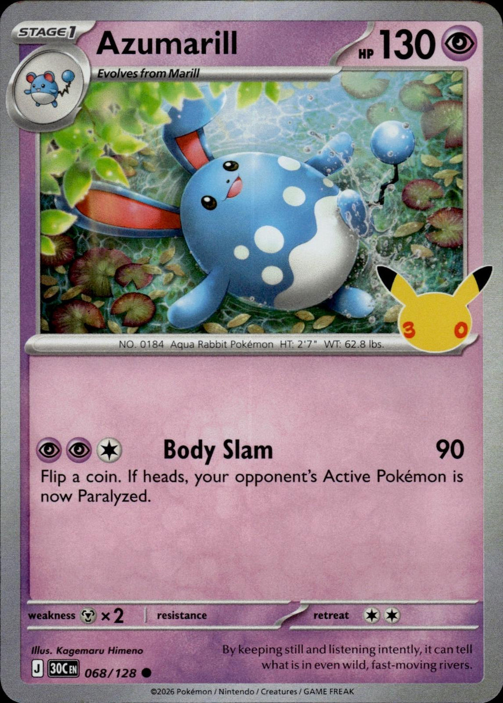 Azumarill ME: 30th Celebration #068/128 Common, Holo