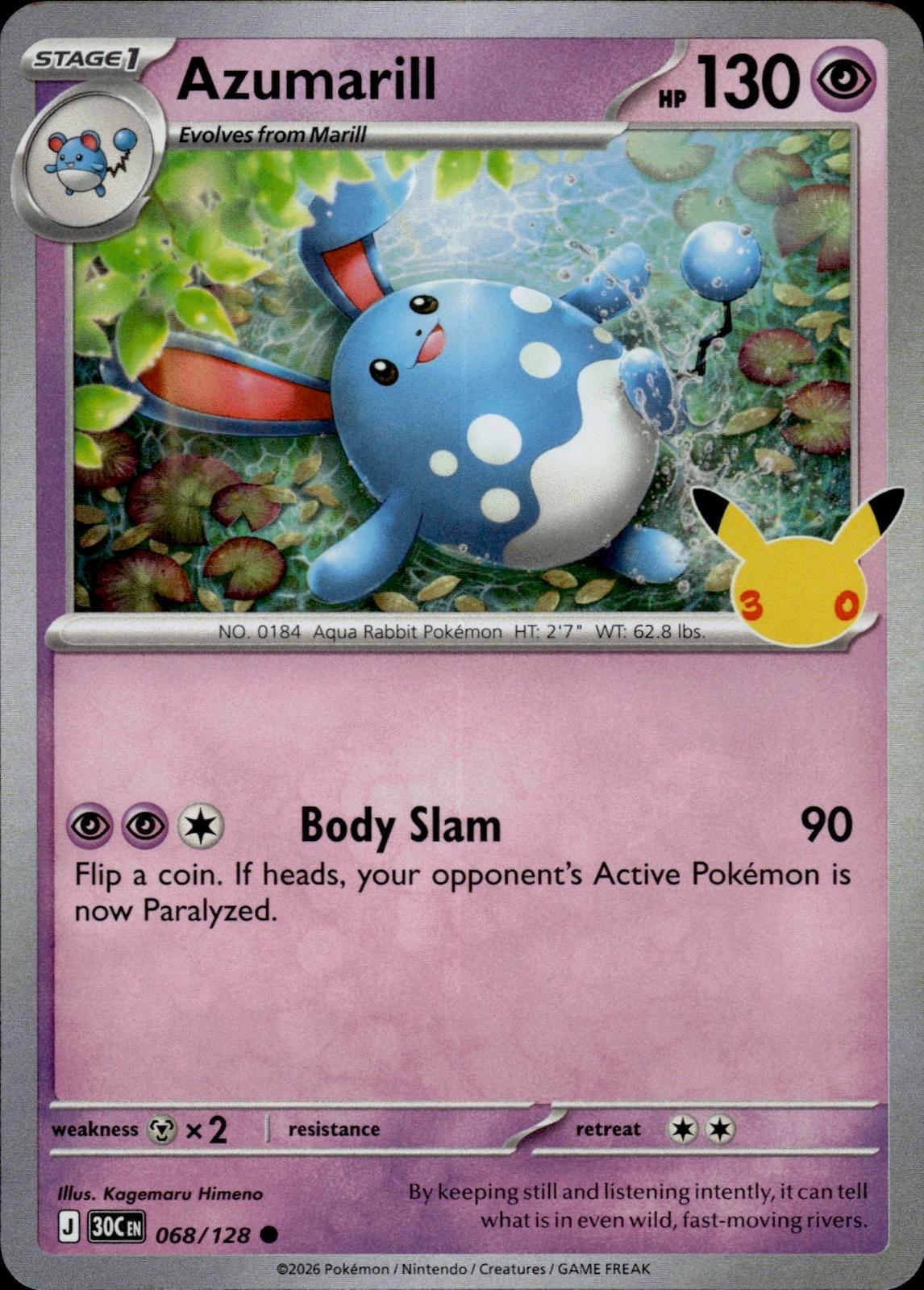 Azumarill ME: 30th Celebration #068/128 Common, Holo