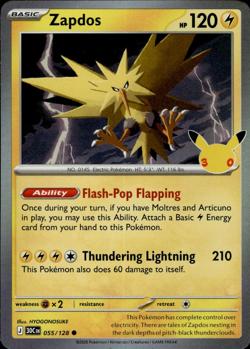 Zapdos ME: 30th Celebration #055/128 Common, Holo