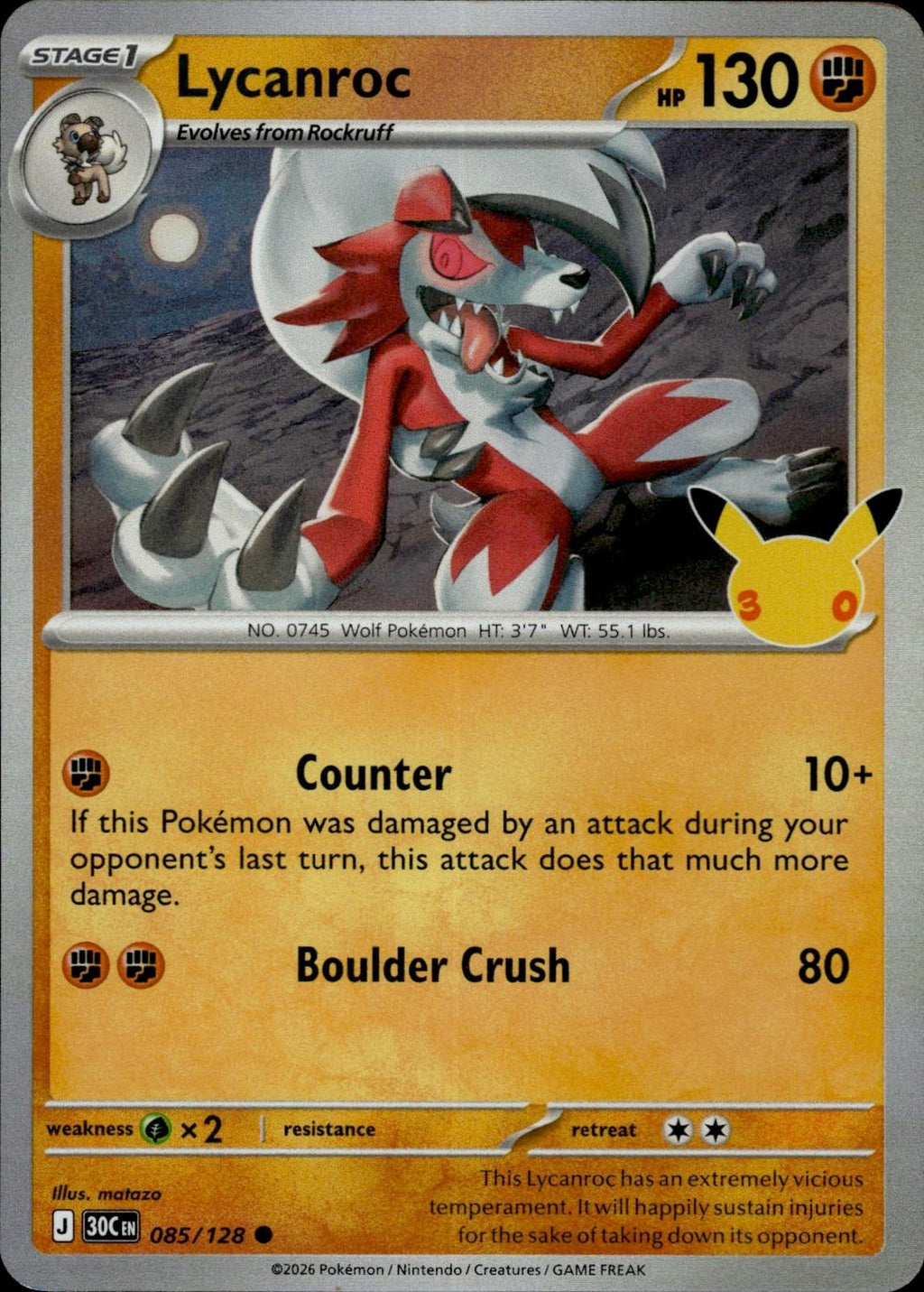 Lycanroc ME: 30th Celebration #085/128 Common, Holo