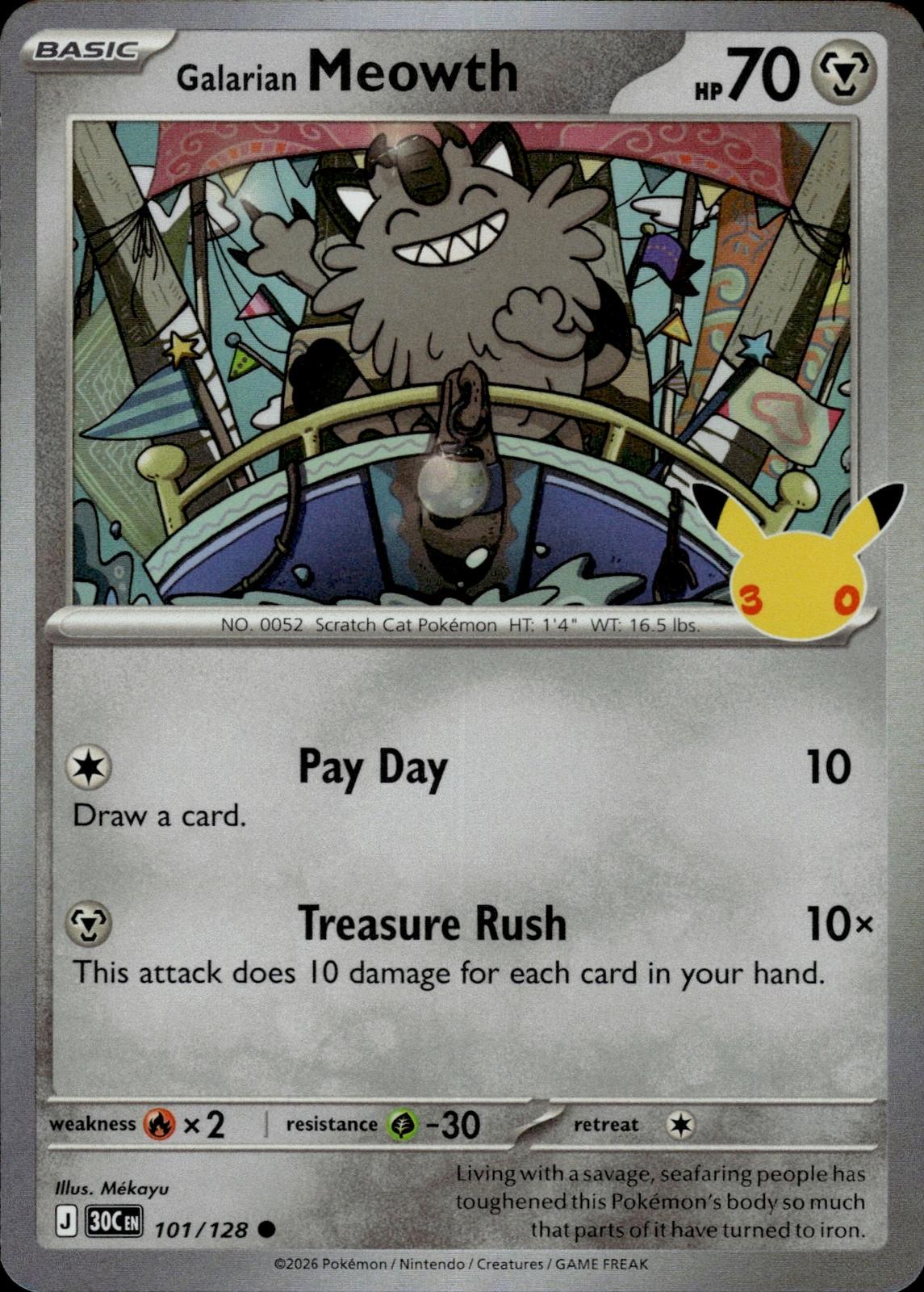 Galarian Meowth ME: 30th Celebration #101/128 Common, Holo