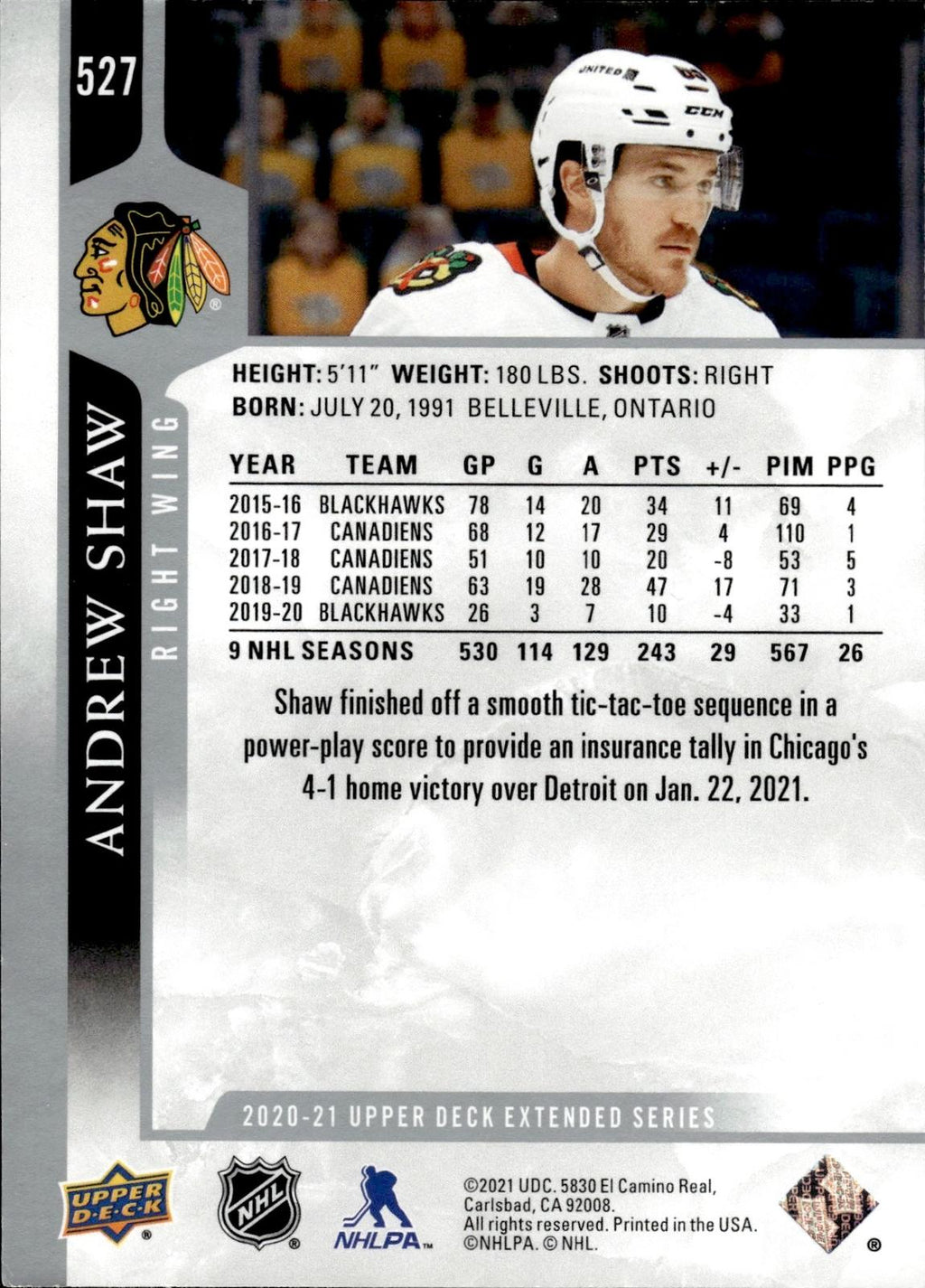 Andrew Shaw 2020-21 Upper Deck #527 Blackhawks