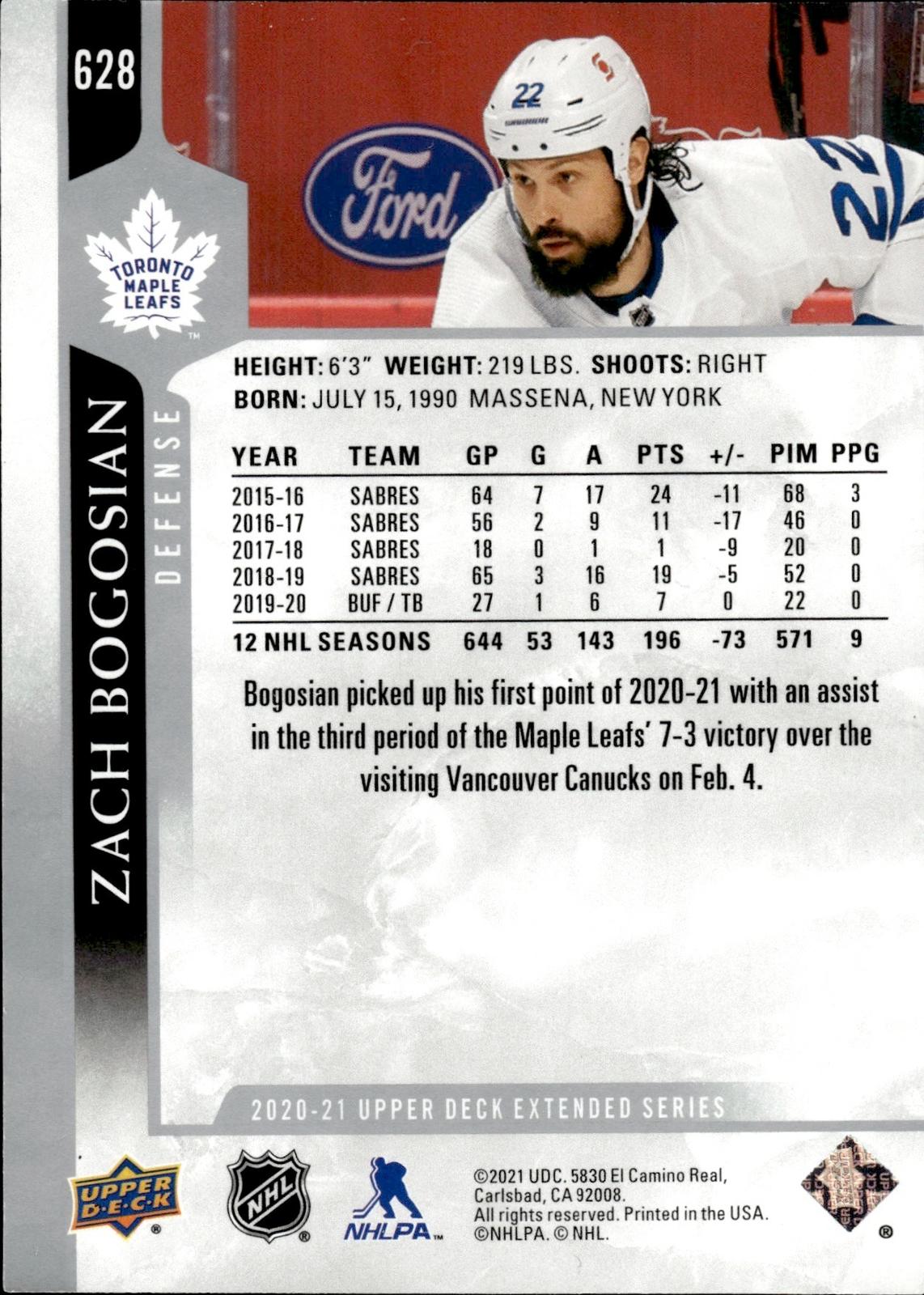 Zach Bogosian 2020-21 Upper Deck #628 Maple Leafs