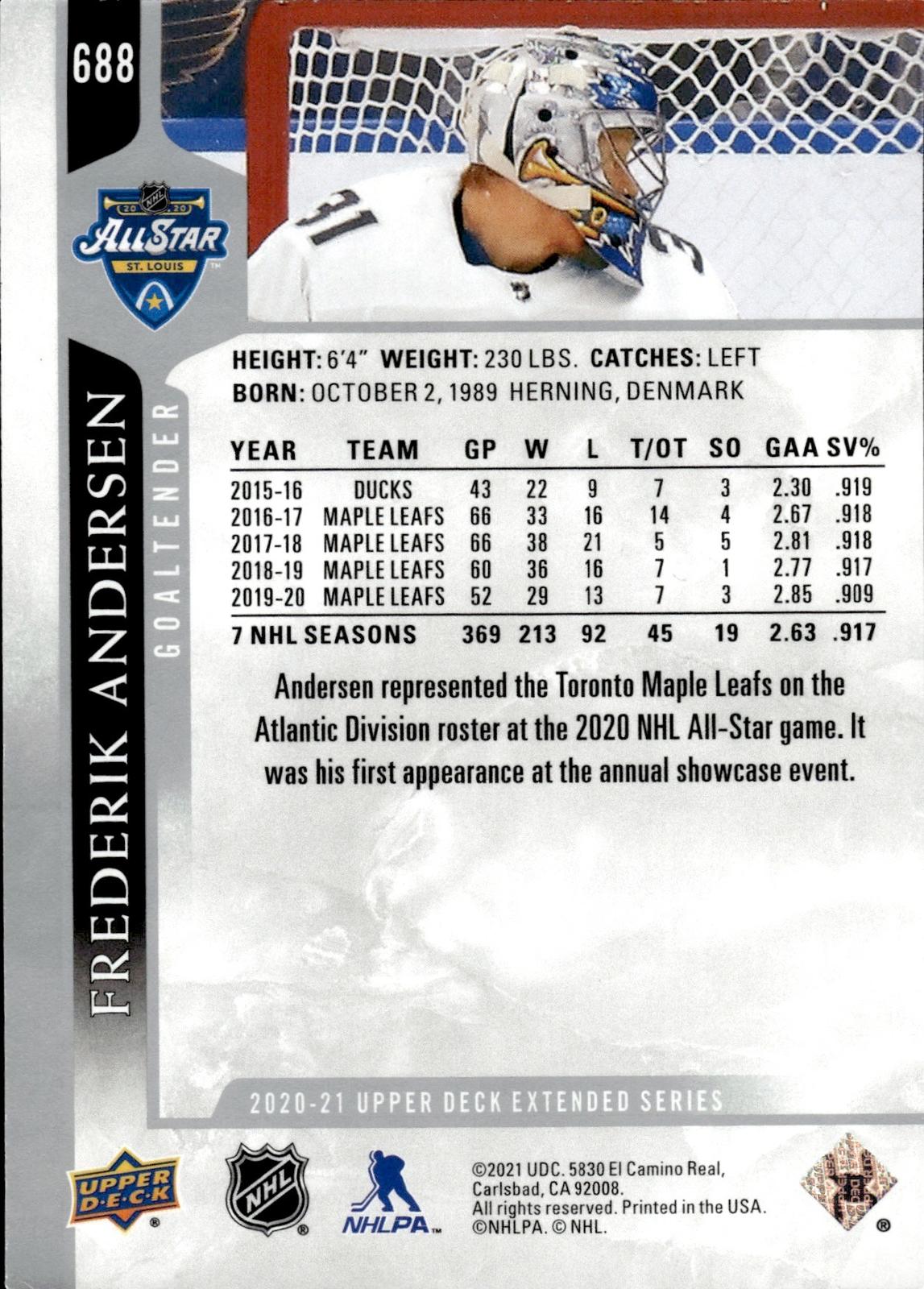 Frederik Andersen 2020-21 Upper Deck #688 Maple Leafs