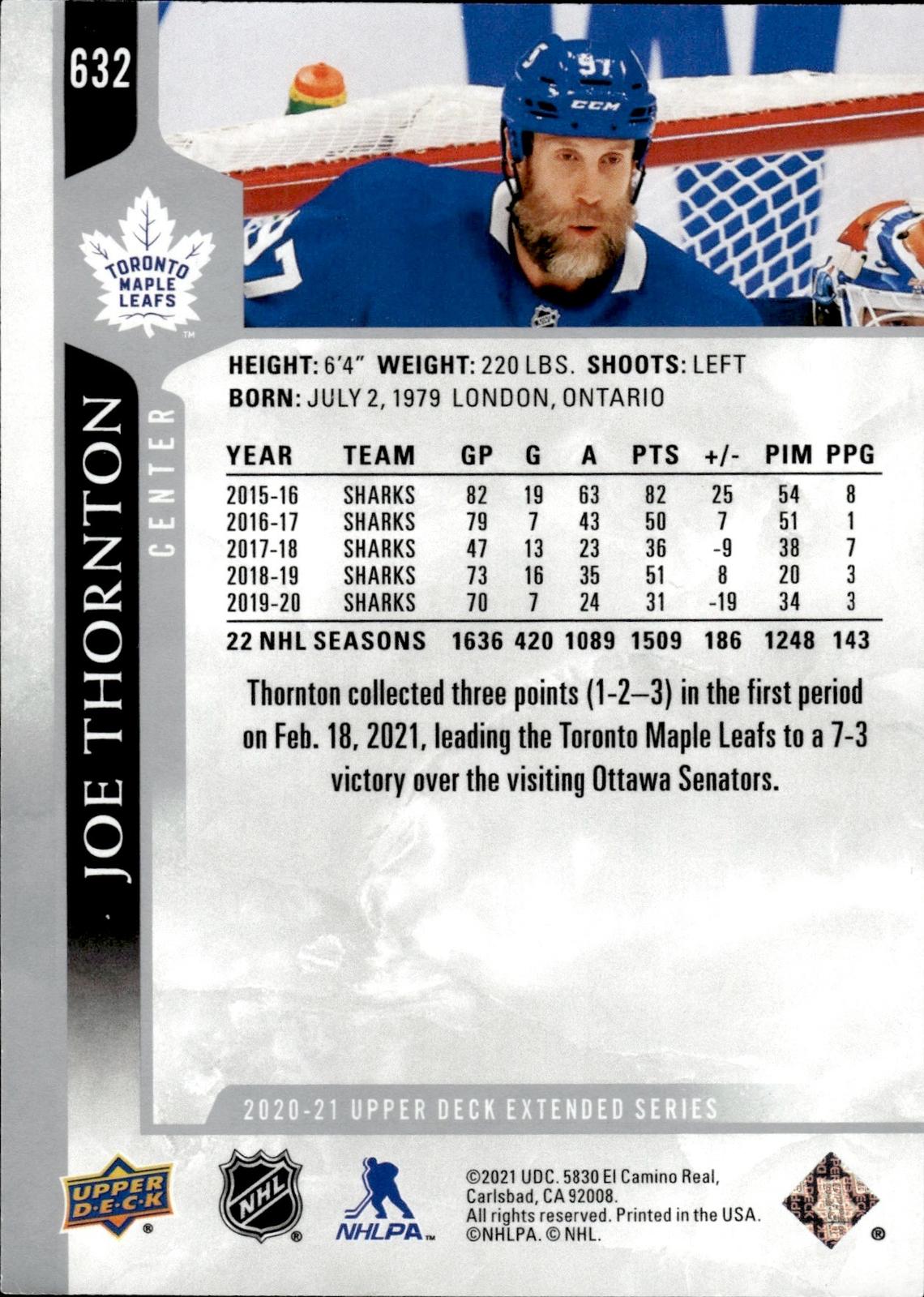 Joe Thornton 2020-21 Upper Deck #632 Maple Leafs