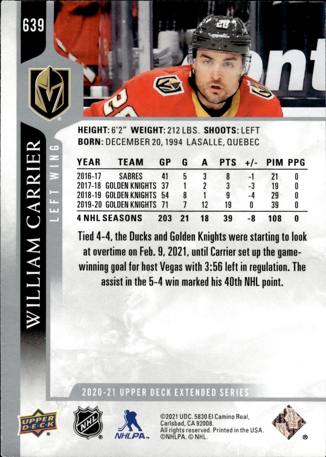 William Carrier 2020-21 Upper Deck #639 Golden Knights