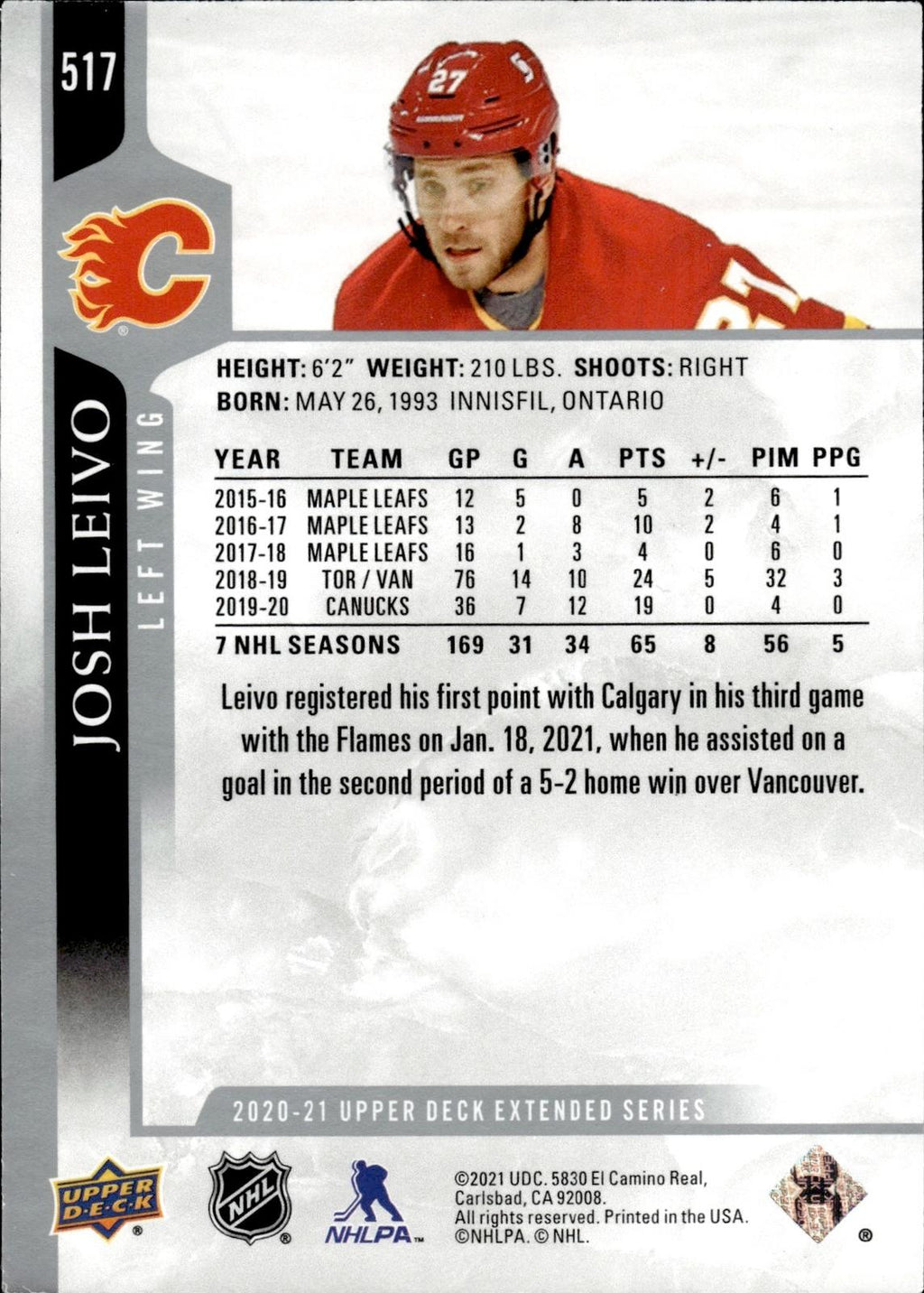Josh Leivo 2020-21 Upper Deck #517 Flames