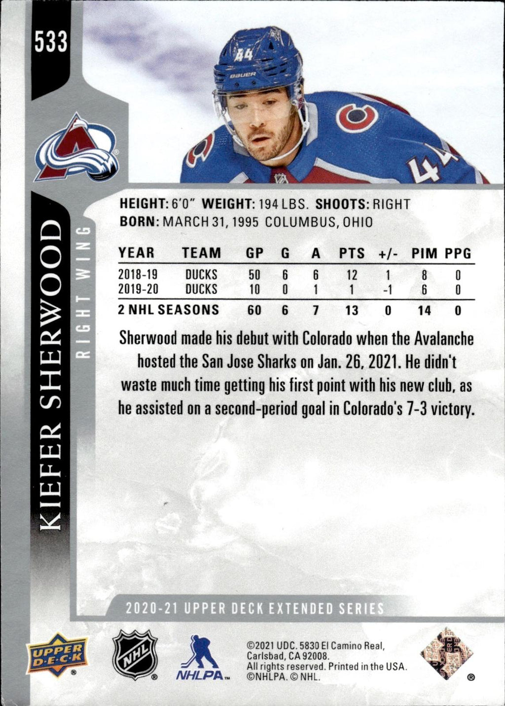 Kiefer Sherwood 2020-21 Upper Deck #533 Avalanche