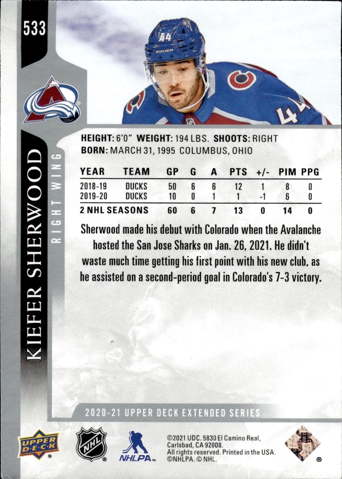 Kiefer Sherwood 2020-21 Upper Deck #533 Avalanche