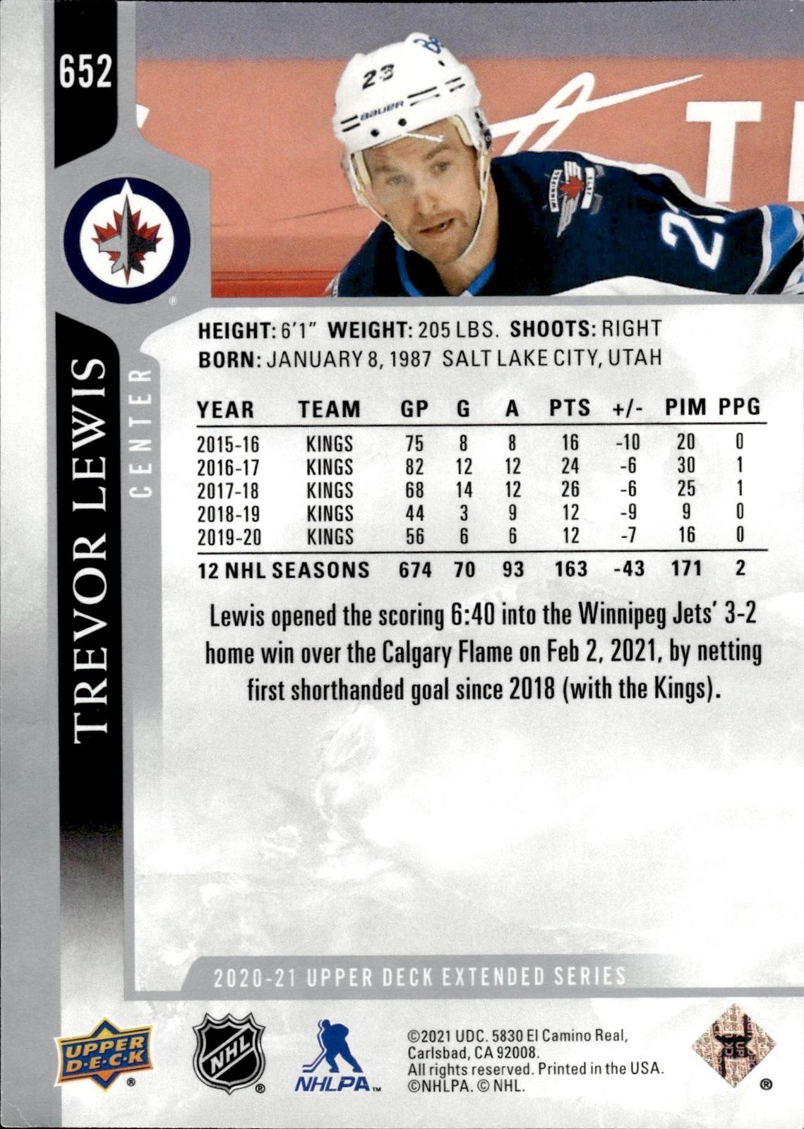 Trevor Lewis 2020-21 Upper Deck #652 Jets