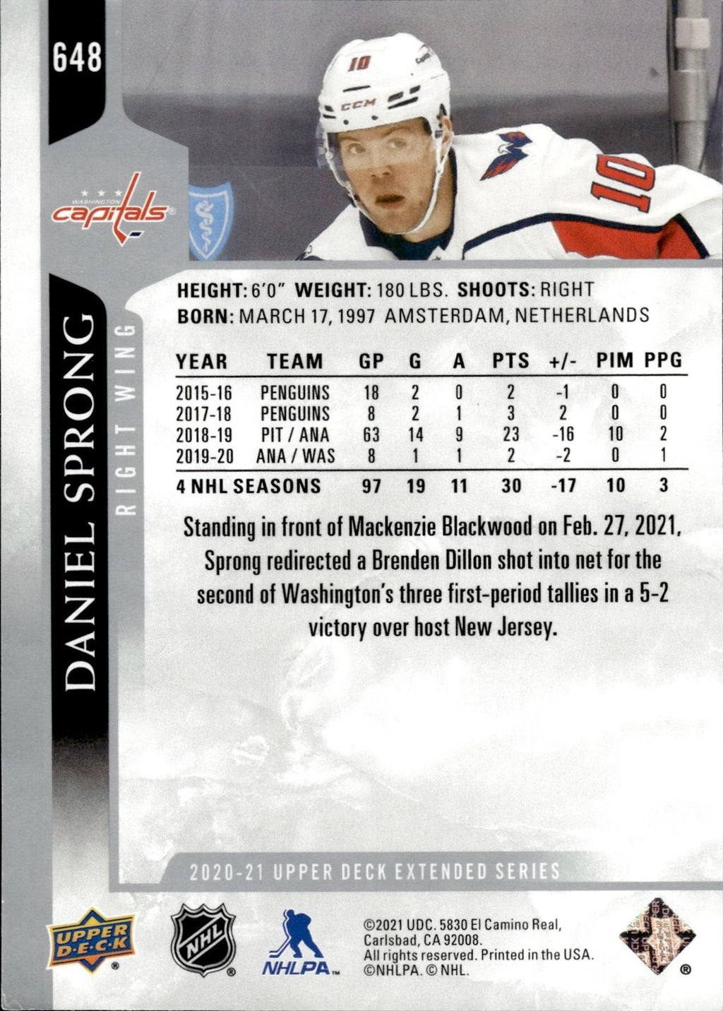 Daniel Sprong 2020-21 Upper Deck #648 Capitals