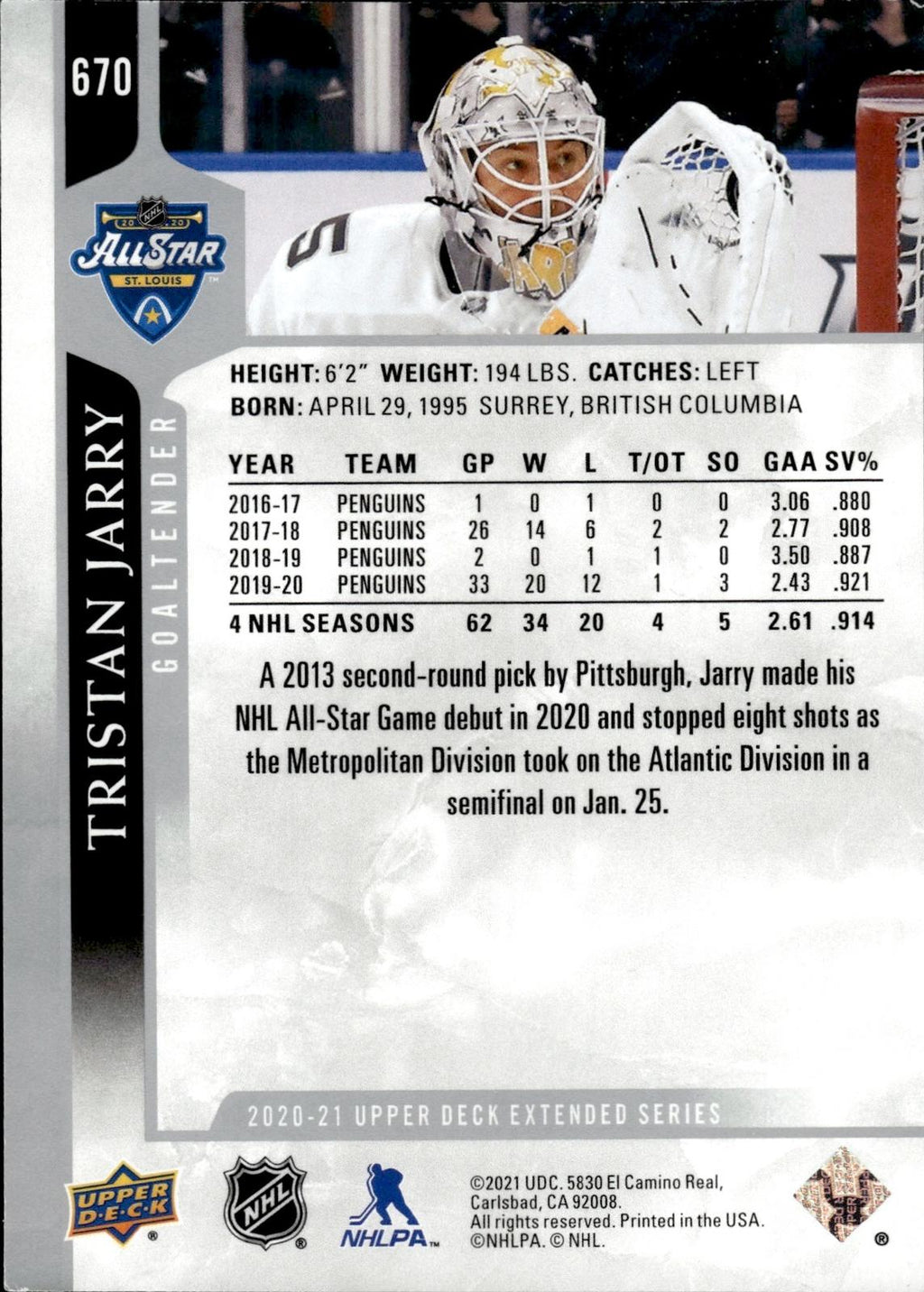 Tristan Jarry 2020-21 Upper Deck #670 Penguins