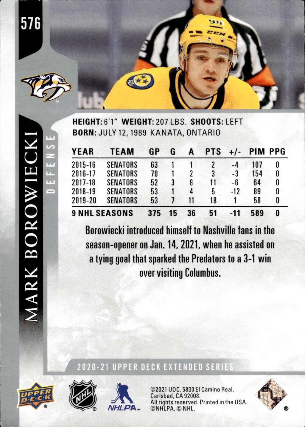 Mark Borowiecki 2020-21 Upper Deck #576 Predators