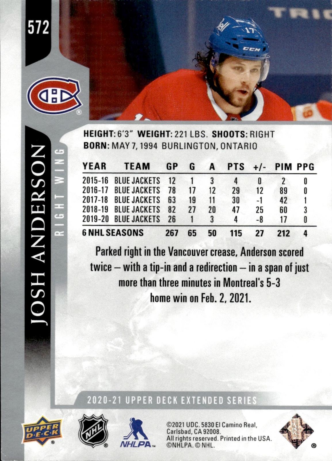 Josh Anderson 2020-21 Upper Deck #572 Canadiens
