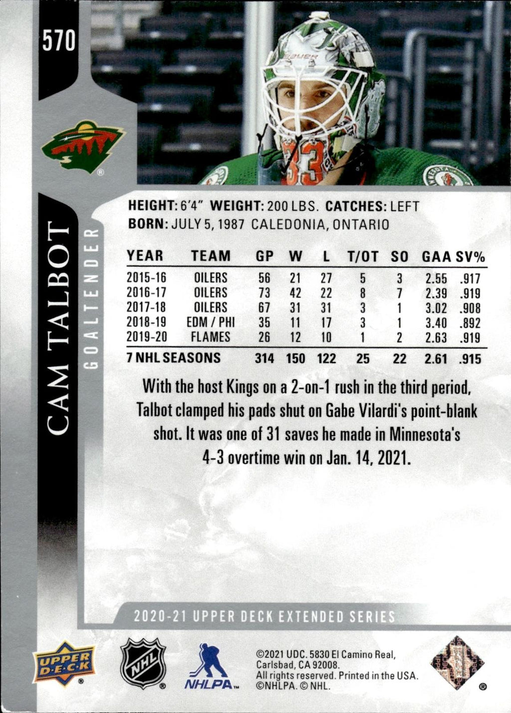 Cam Talbot 2020-21 Upper Deck #570 Wild