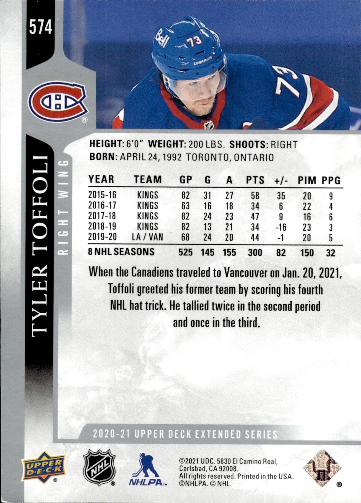 Tyler Toffoli 2020-21 Upper Deck #574 Canadiens