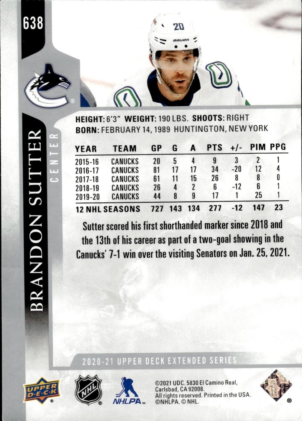 Brandon Sutter 2020-21 Upper Deck #638 Canucks