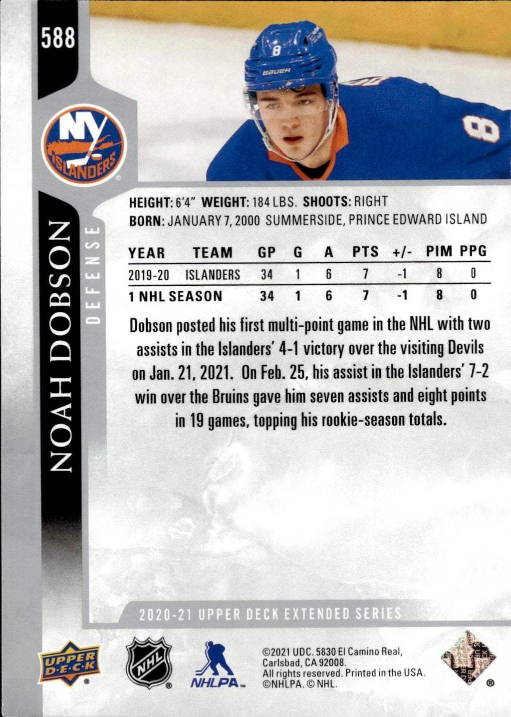 Noah Dobson 2020-21 Upper Deck #588 Islanders