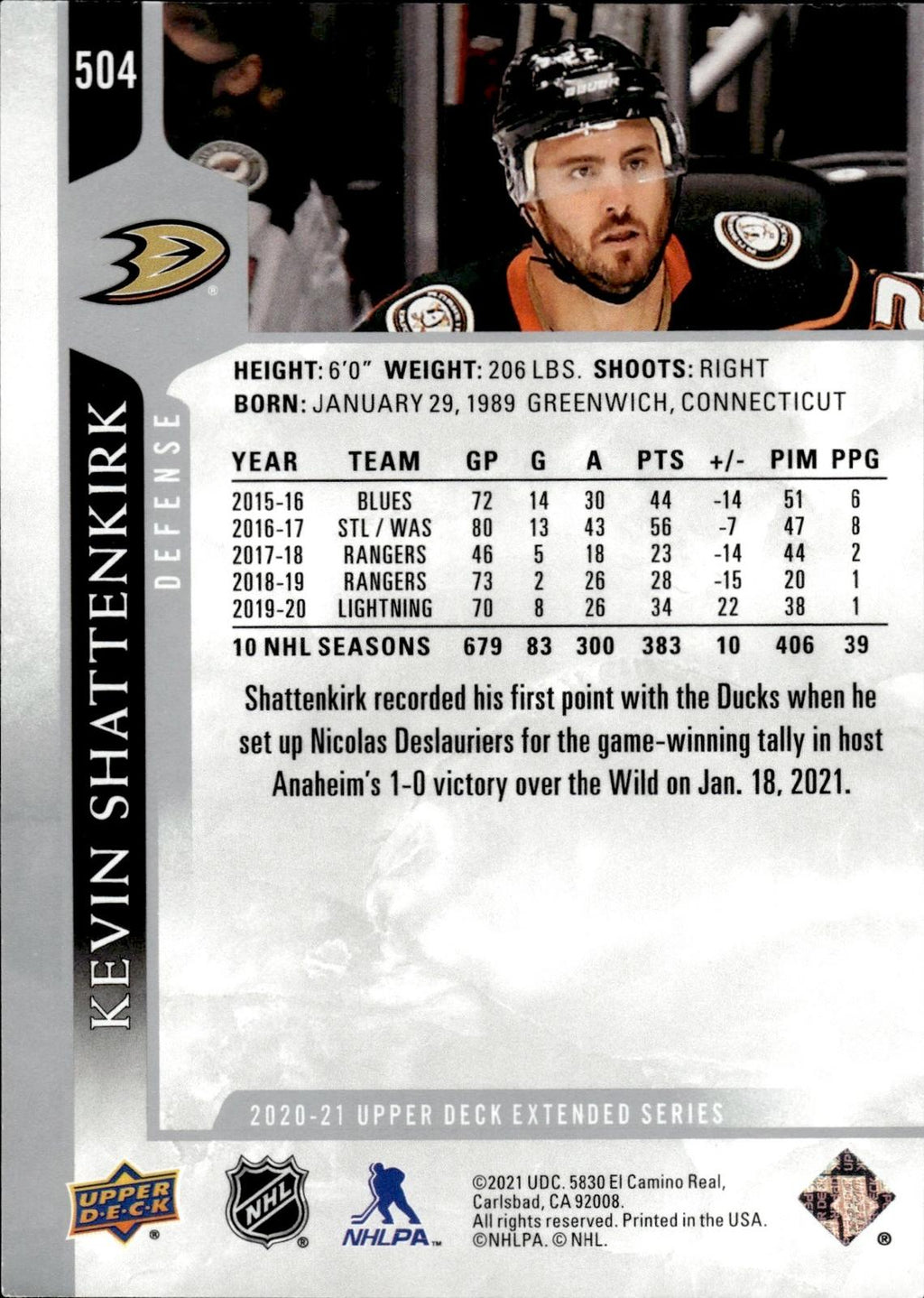 Kevin Shattenkirk 2020-21 Upper Deck #504 Ducks