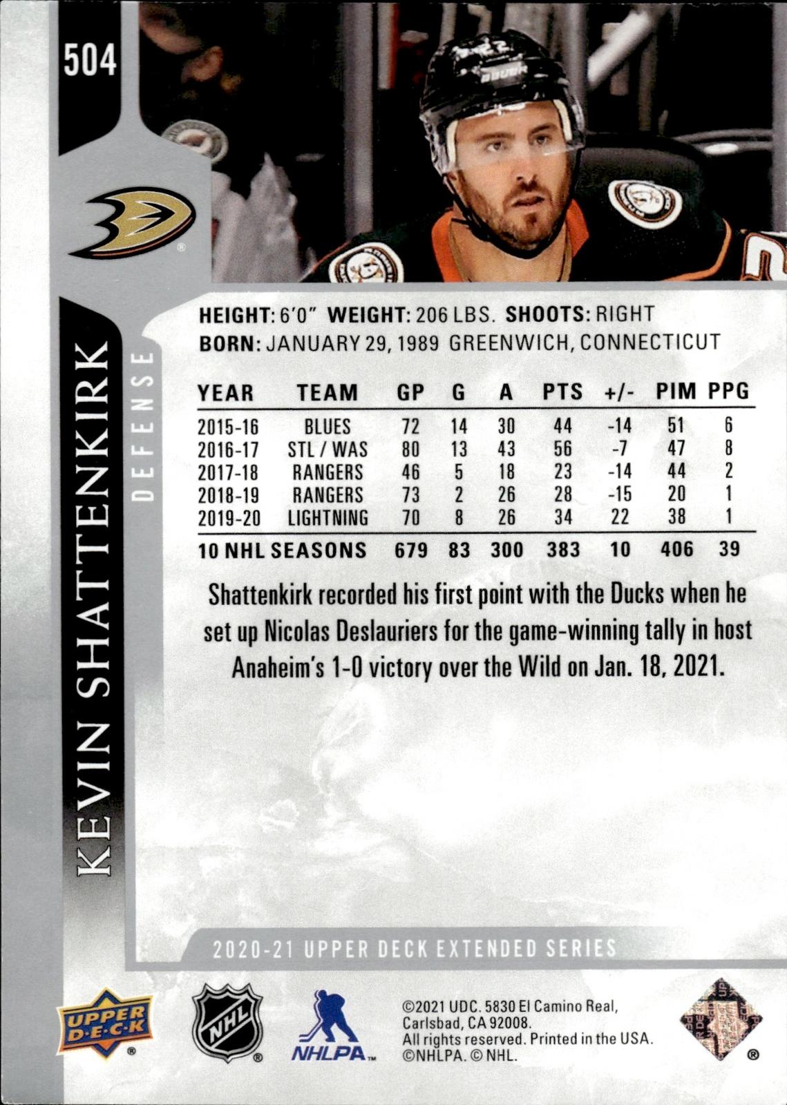 Kevin Shattenkirk 2020-21 Upper Deck #504 Ducks