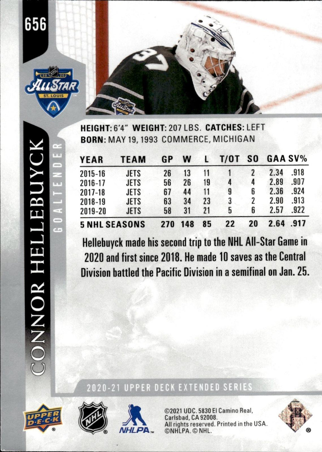 Connor Hellebuyck 2020-21 Upper Deck #656 Jets