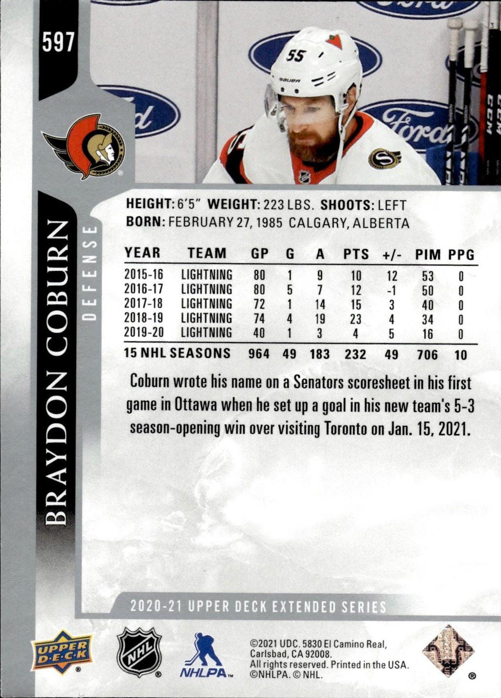 Braydon Coburn 2020-21 Upper Deck #597 Senators