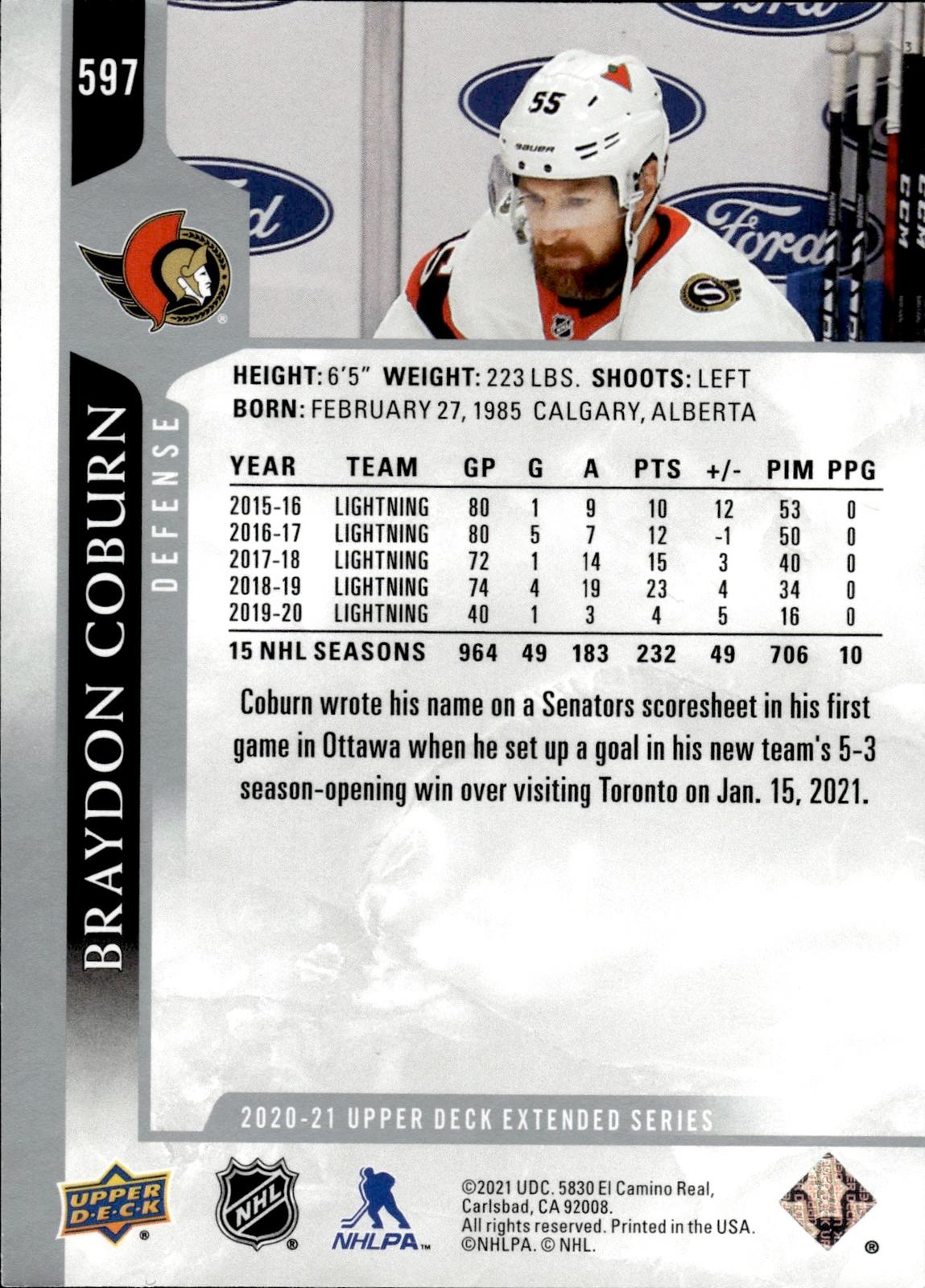 Braydon Coburn 2020-21 Upper Deck #597 Senators