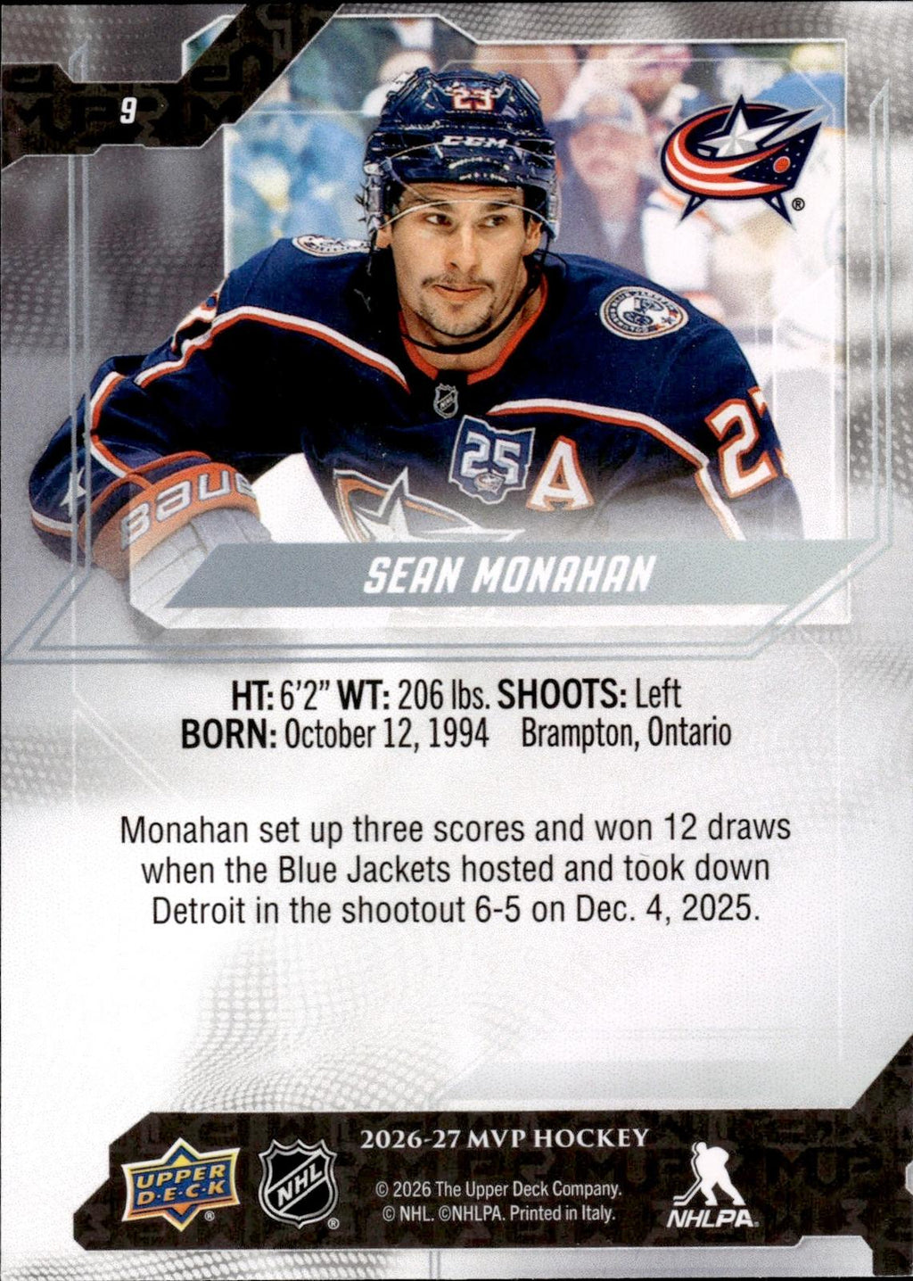 Sean Monahan 2026-27 Upper Deck MVP #9 Blue Jackets