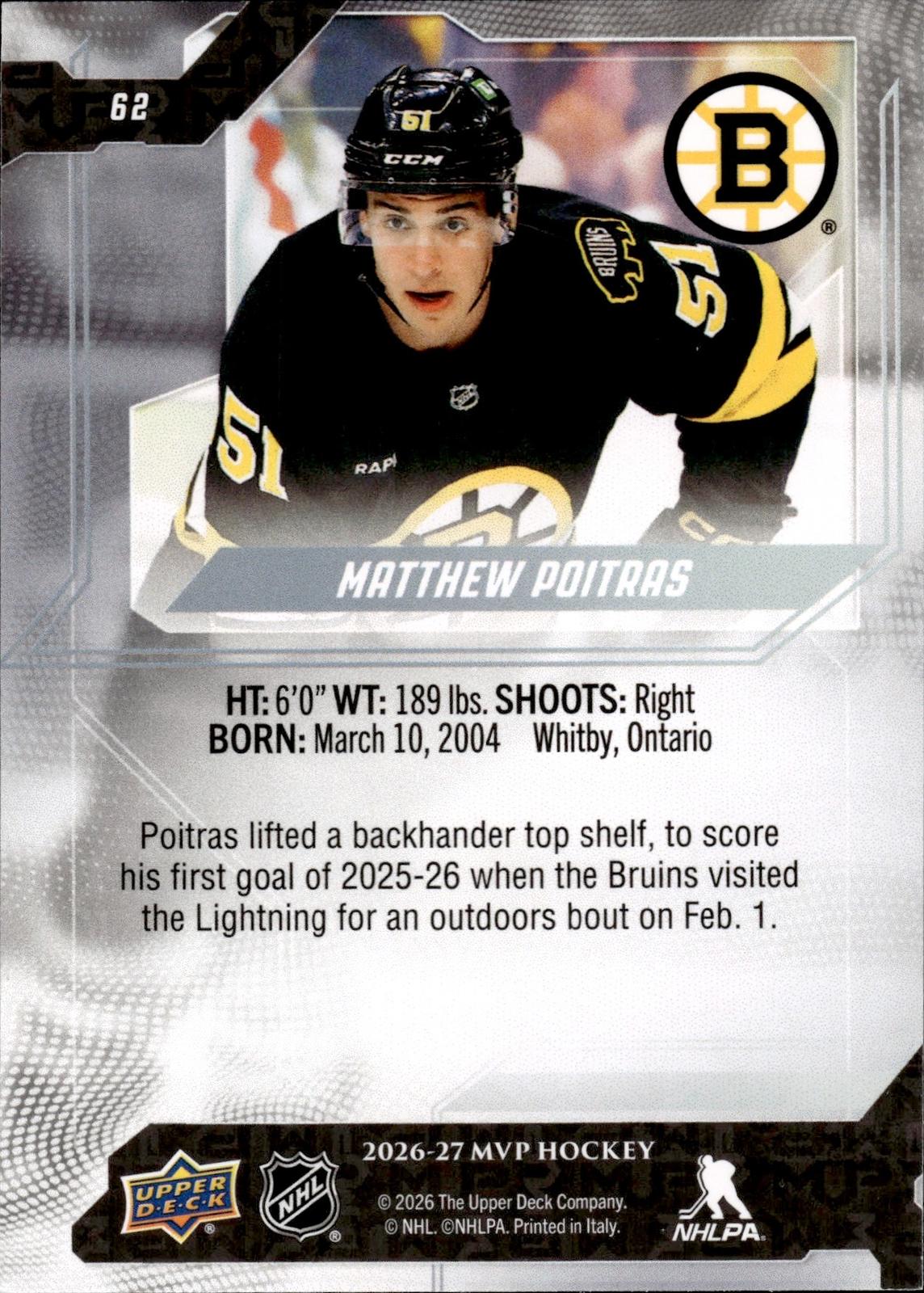 Matthew Poitras 2026-27 Upper Deck MVP #62 Bruins