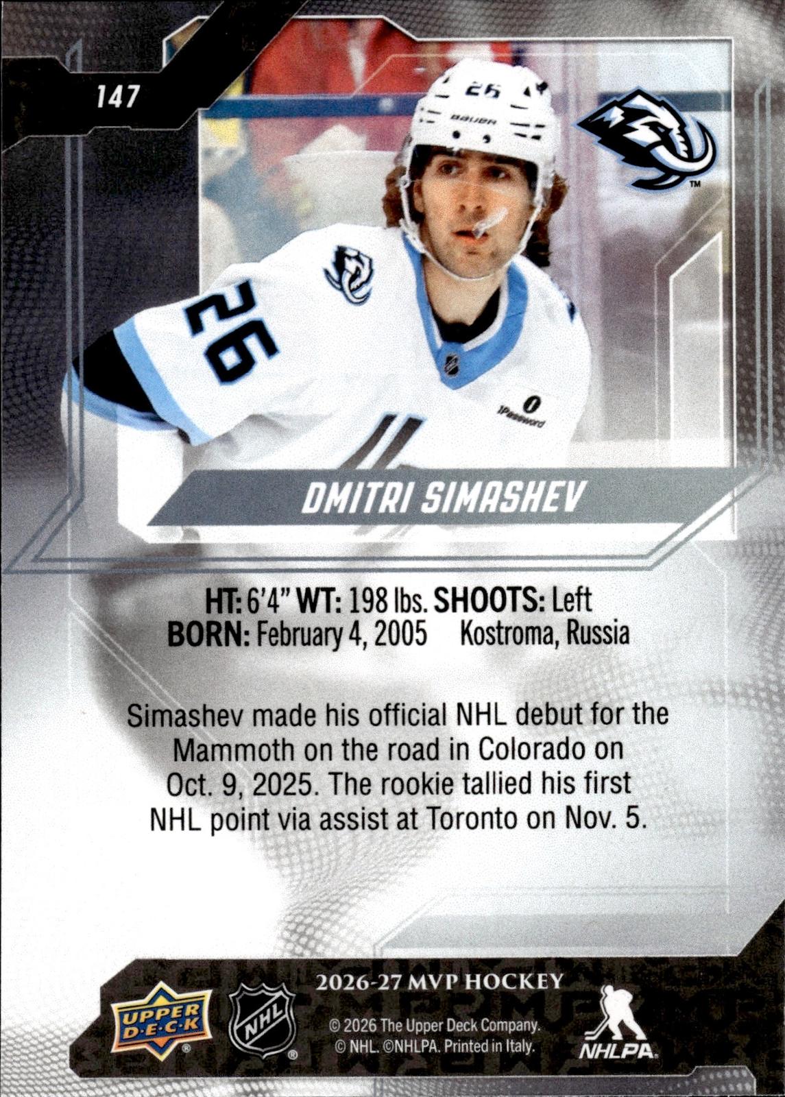 Dmitri Simashev 2026-27 Upper Deck MVP #147 Mammoth