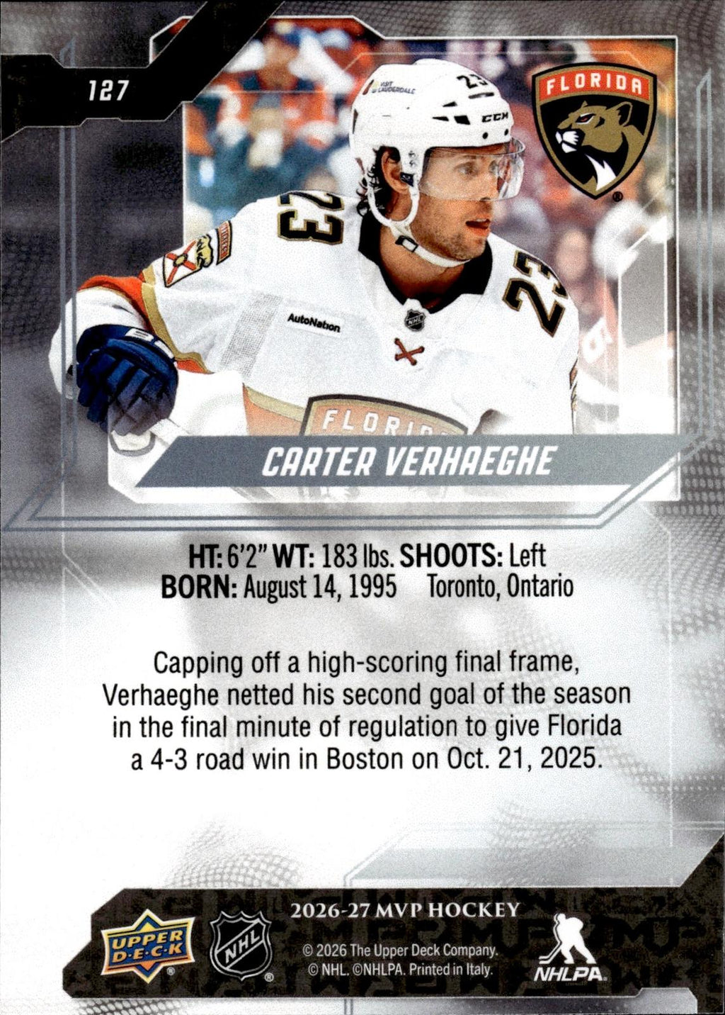 Carter Verhaeghe 2026-27 Upper Deck MVP #127 Panthers