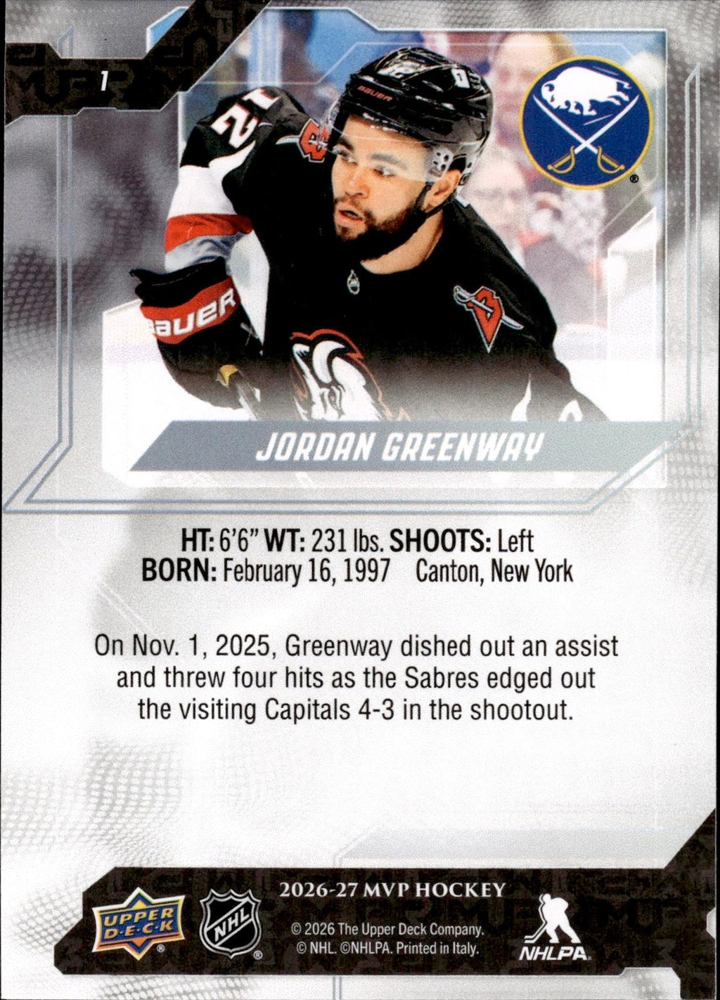 Jordan Greenway 2026-27 Upper Deck MVP #1 Sabres