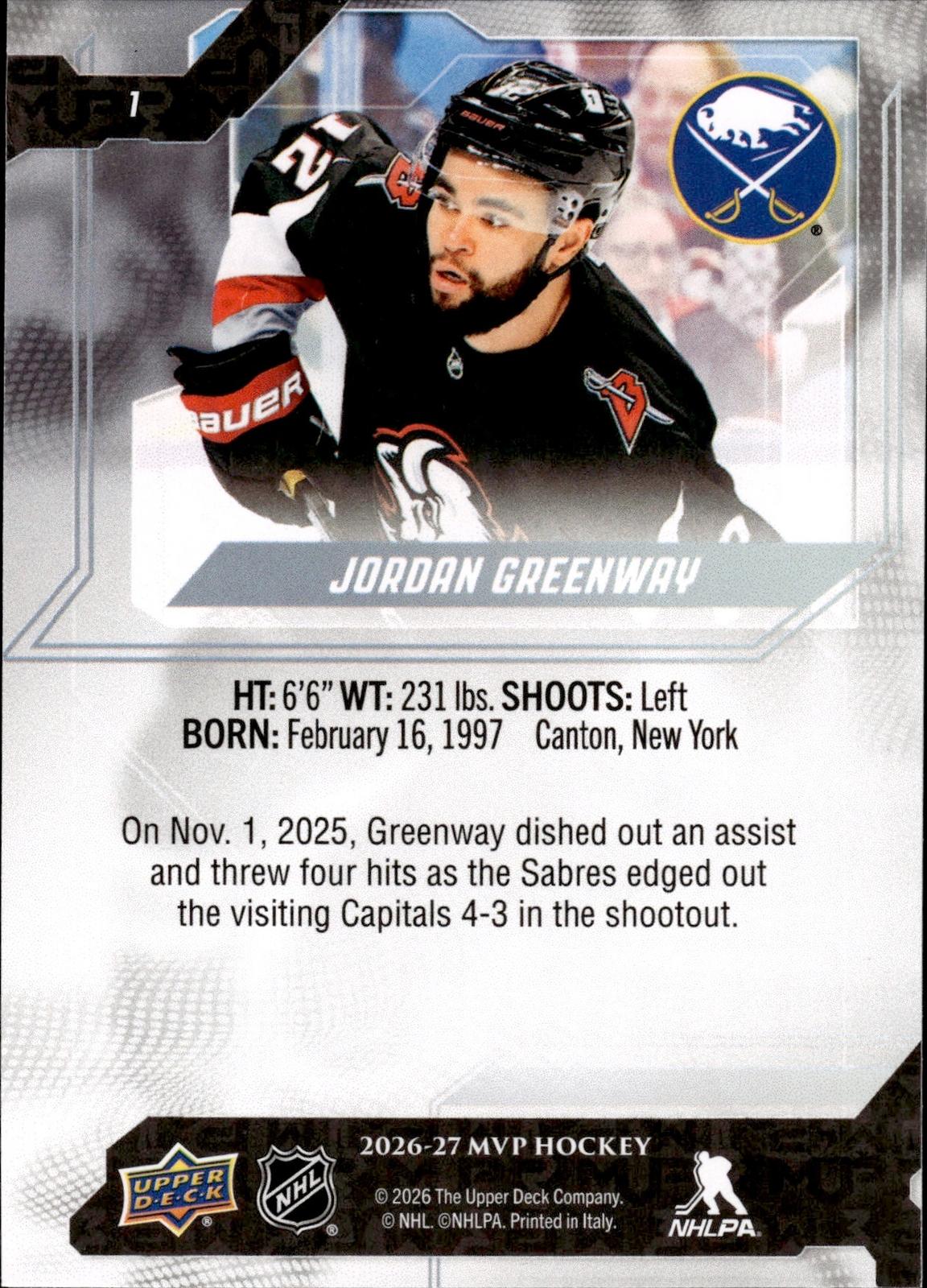 Jordan Greenway 2026-27 Upper Deck MVP #1 Sabres
