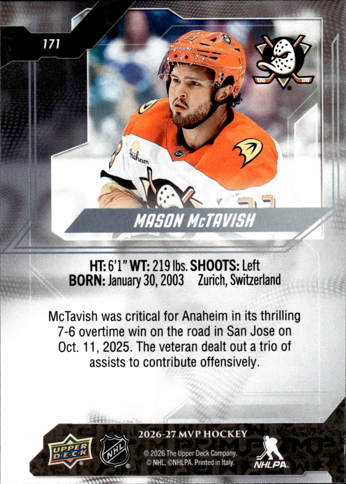 Mason McTavish 2026-27 Upper Deck MVP #171 Ducks