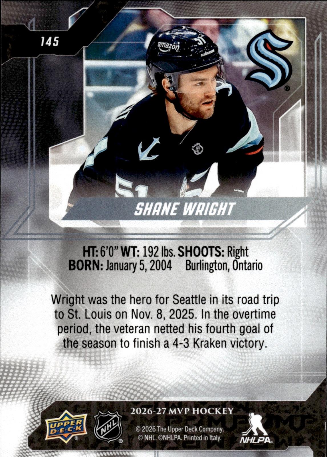 Shane Wright 2026-27 Upper Deck MVP #145 Kraken