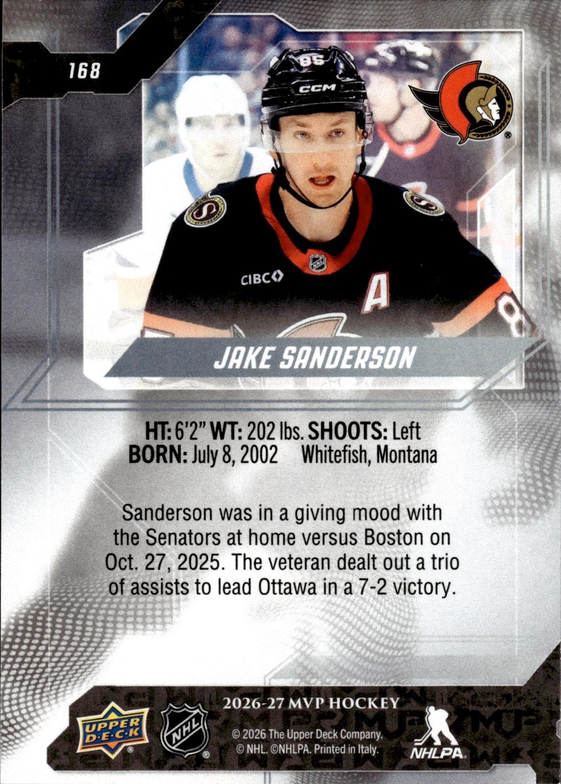 Jake Sanderson 2026-27 Upper Deck MVP #168 Senators