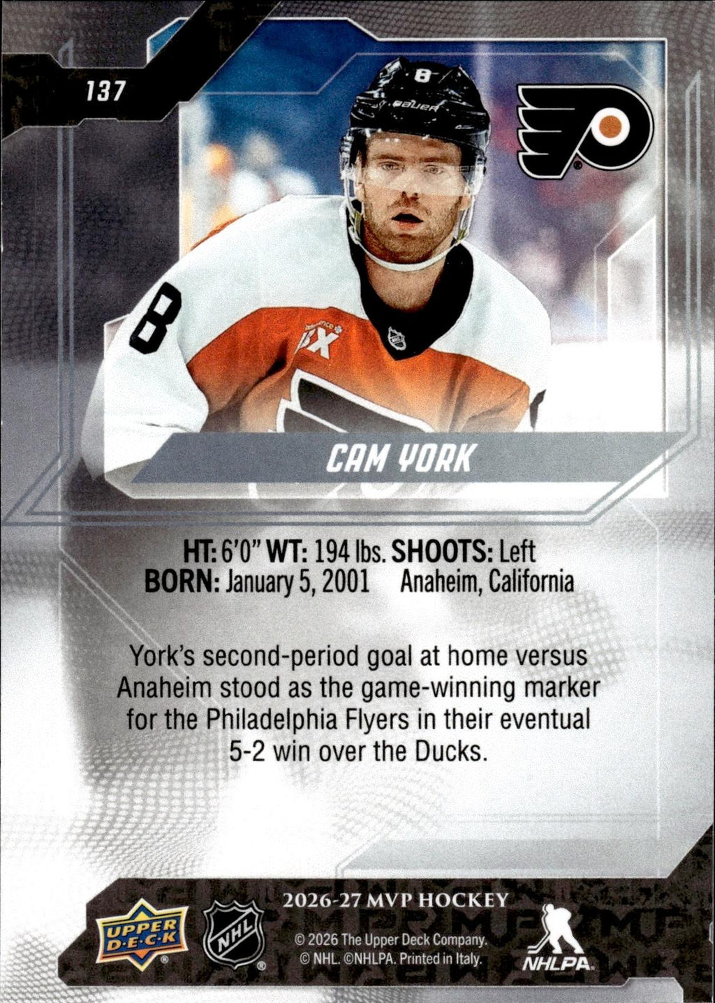 Cam York 2026-27 Upper Deck MVP #137 Flyers