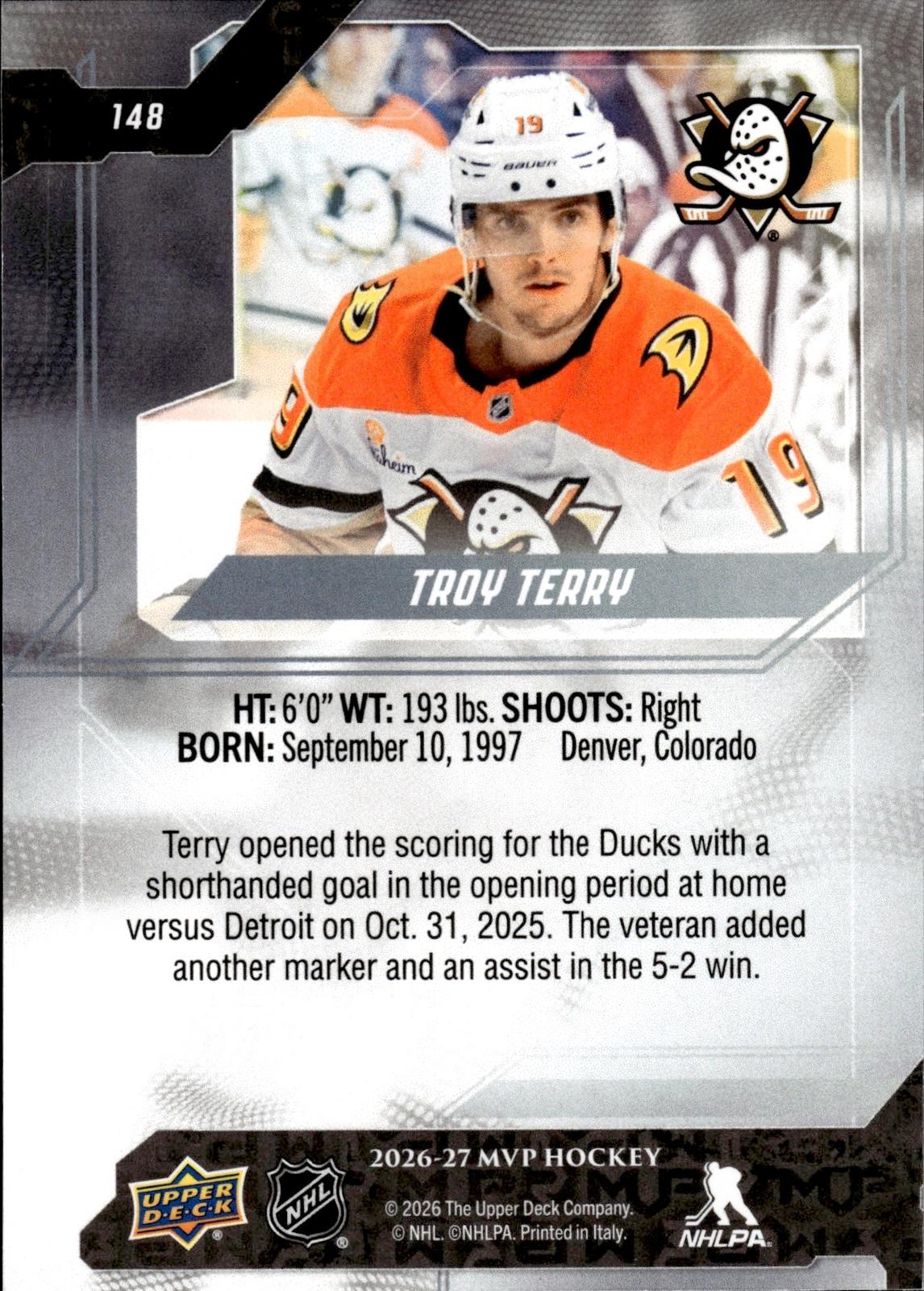 Troy Terry 2026-27 Upper Deck MVP #148 Ducks