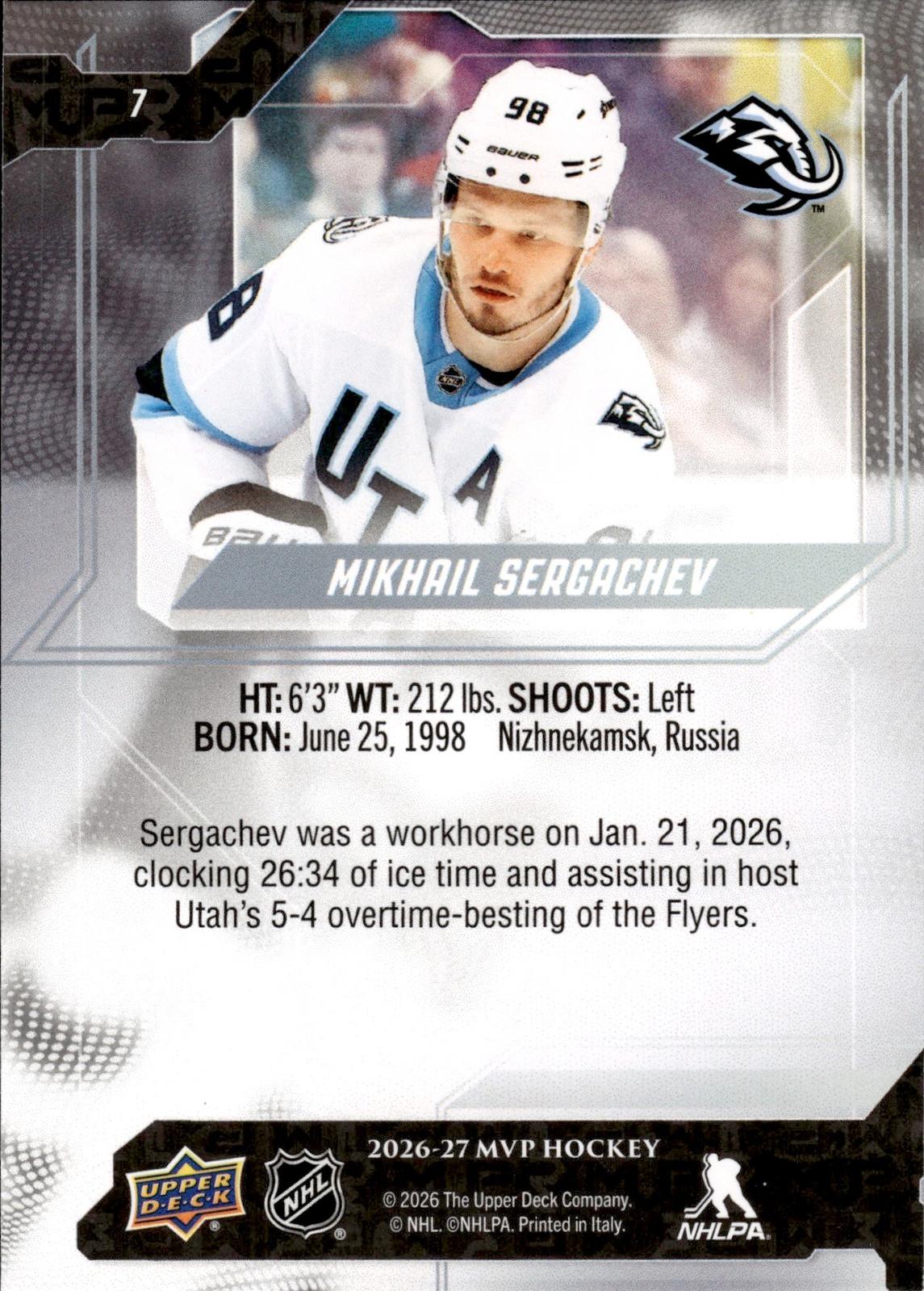Mikhail Sergachev 2026-27 Upper Deck MVP #7 Mammoth