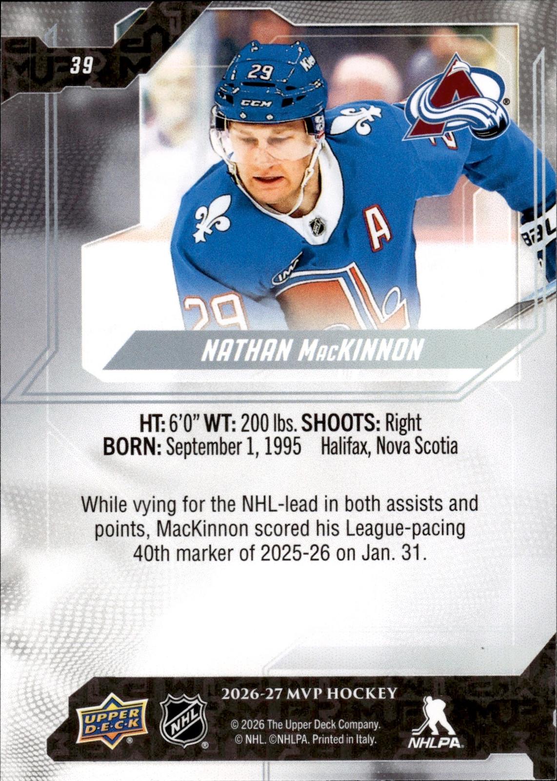 Nathan MacKinnon 2026-27 Upper Deck MVP #39 Avalanche