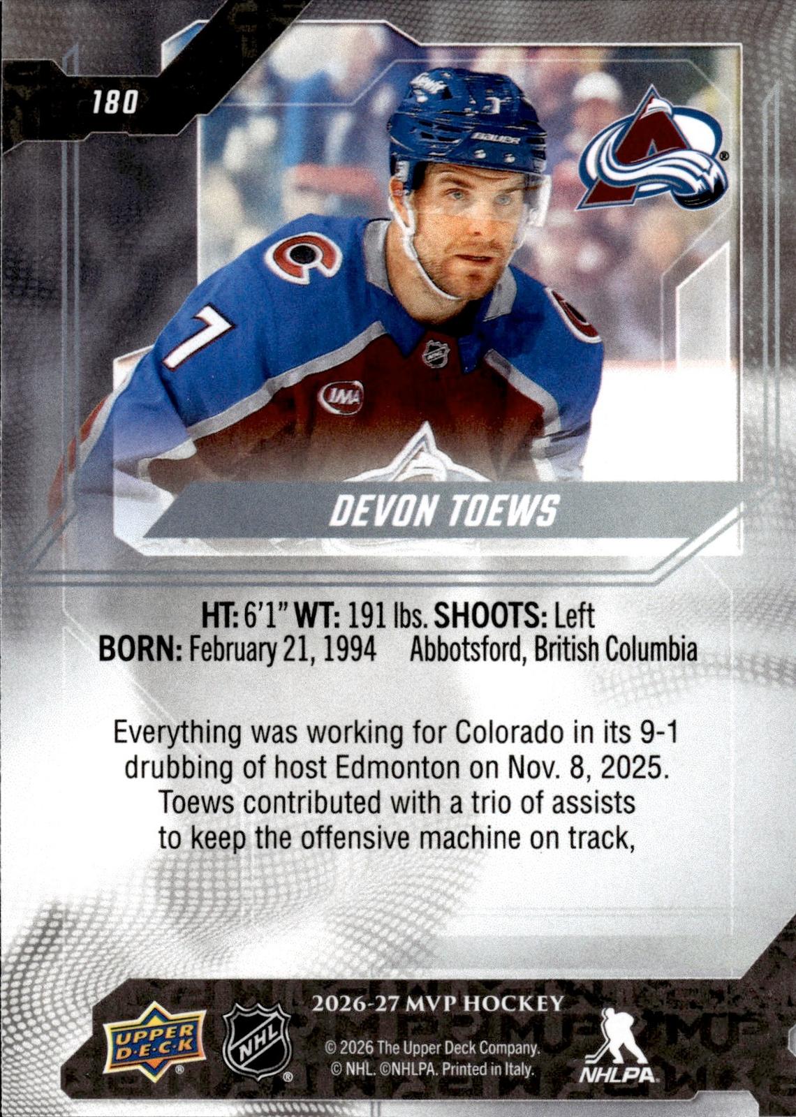 Devon Toews 2026-27 Upper Deck MVP #180 Avalanche