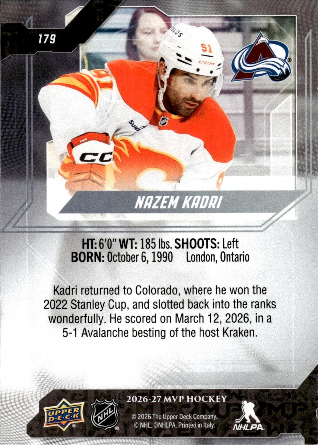 Nazem Kadri 2026-27 Upper Deck MVP #179 Avalanche
