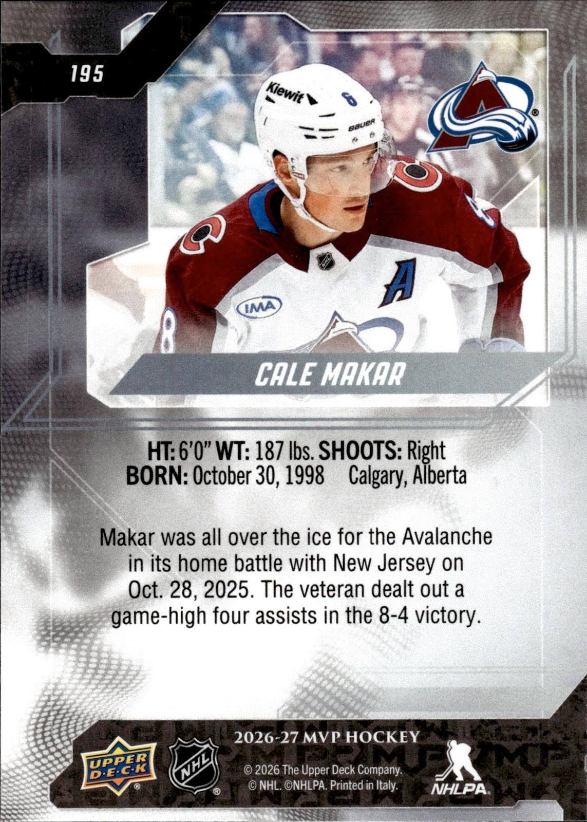 Cale Makar 2026-27 Upper Deck MVP #195 Avalanche