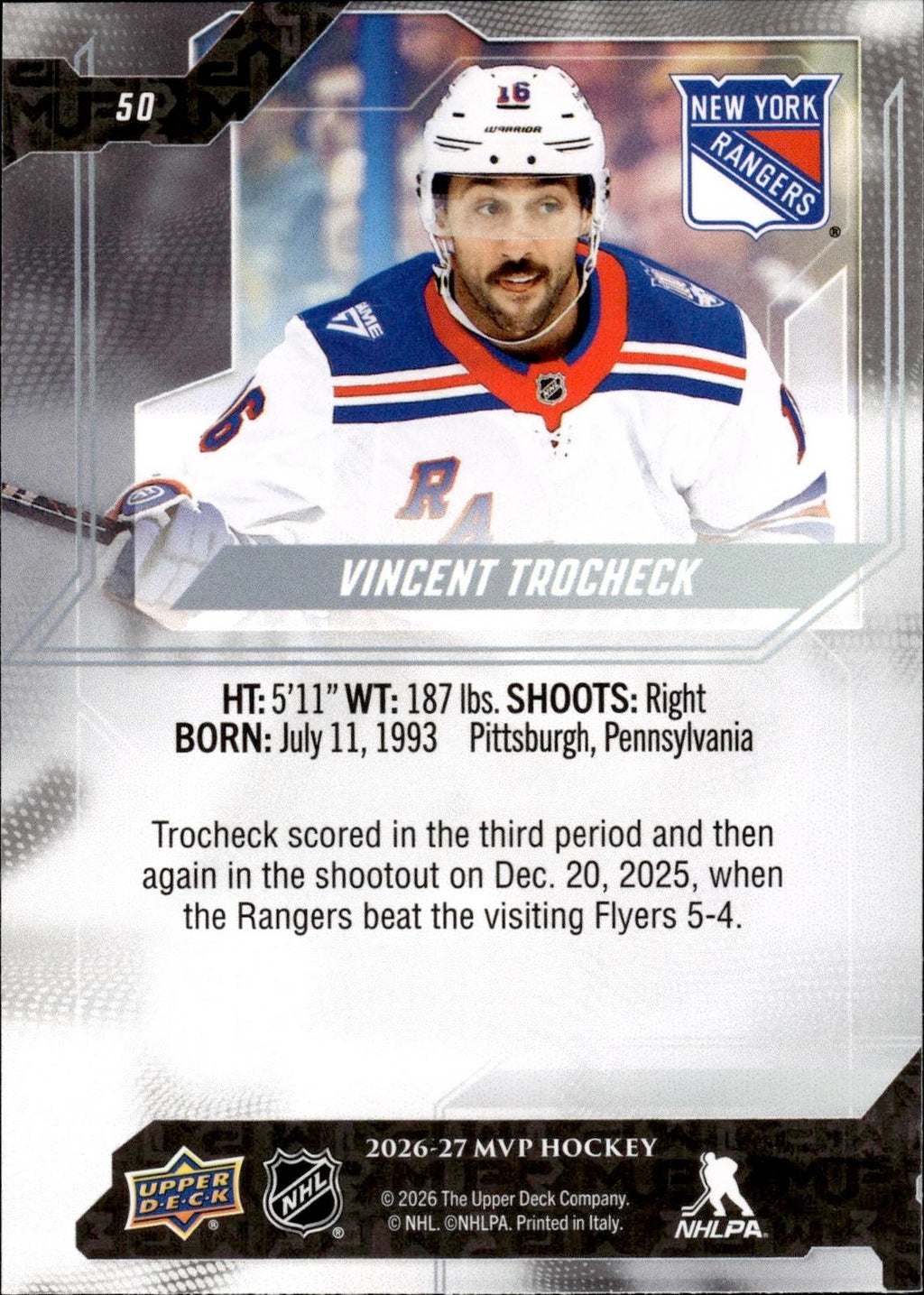Vincent Trocheck 2026-27 Upper Deck MVP #50 Rangers