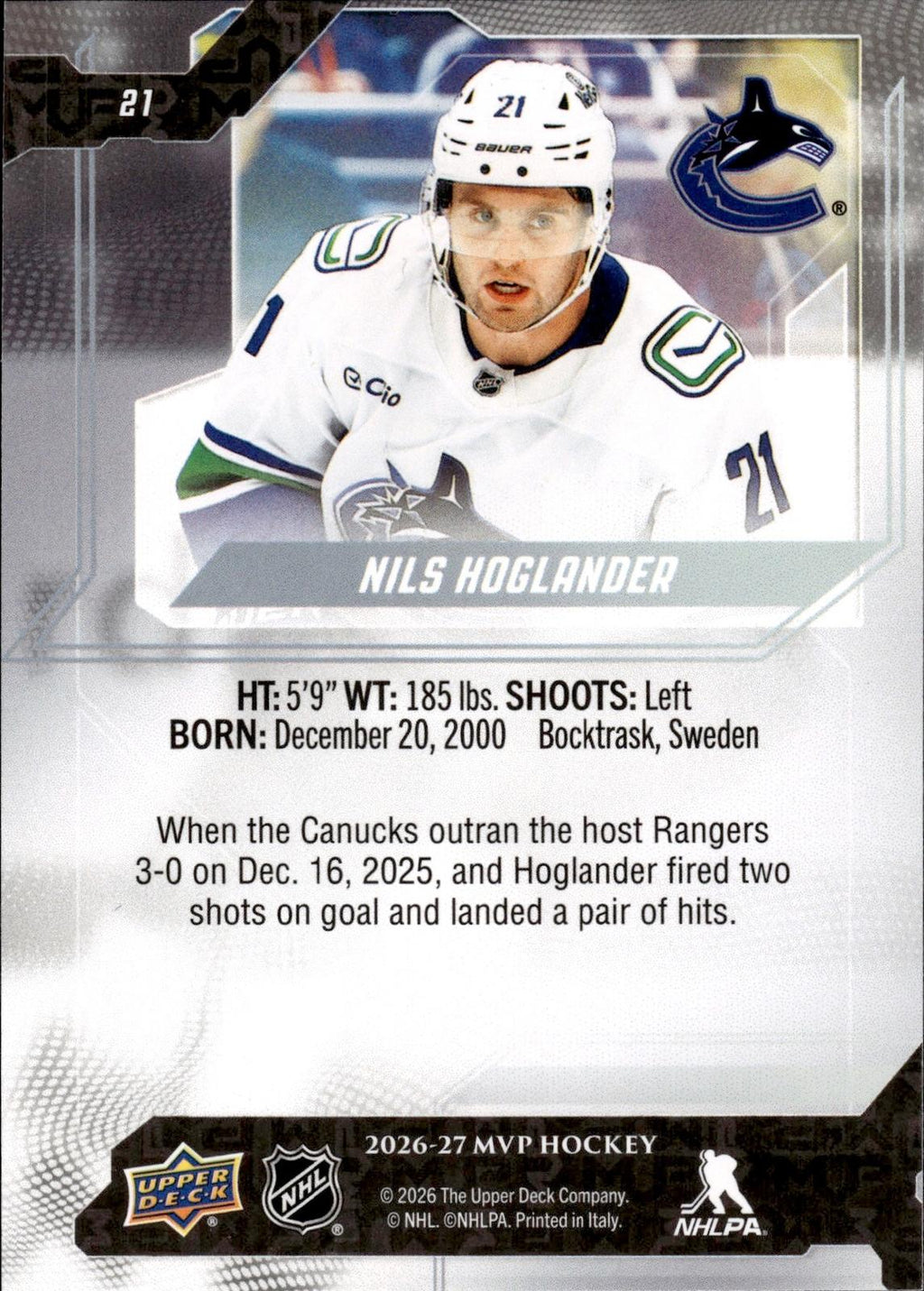Nils Hoglander 2026-27 Upper Deck MVP #21 Canucks