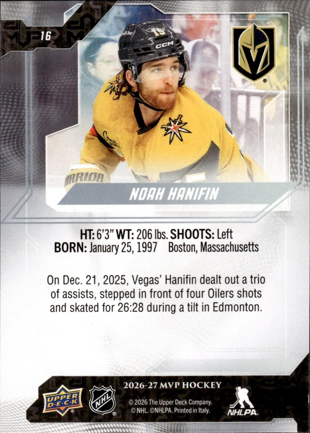 Noah Hanifin 2026-27 Upper Deck MVP #16 Golden Knights