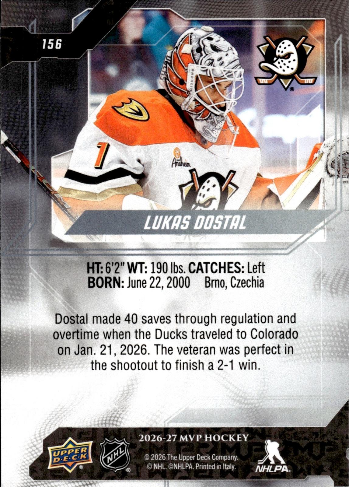 Lukas Dostal 2026-27 Upper Deck MVP #156 Ducks